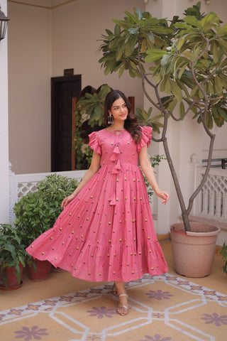 Pink Cotton Embroidered Anarkali Kurti ClothsVilla