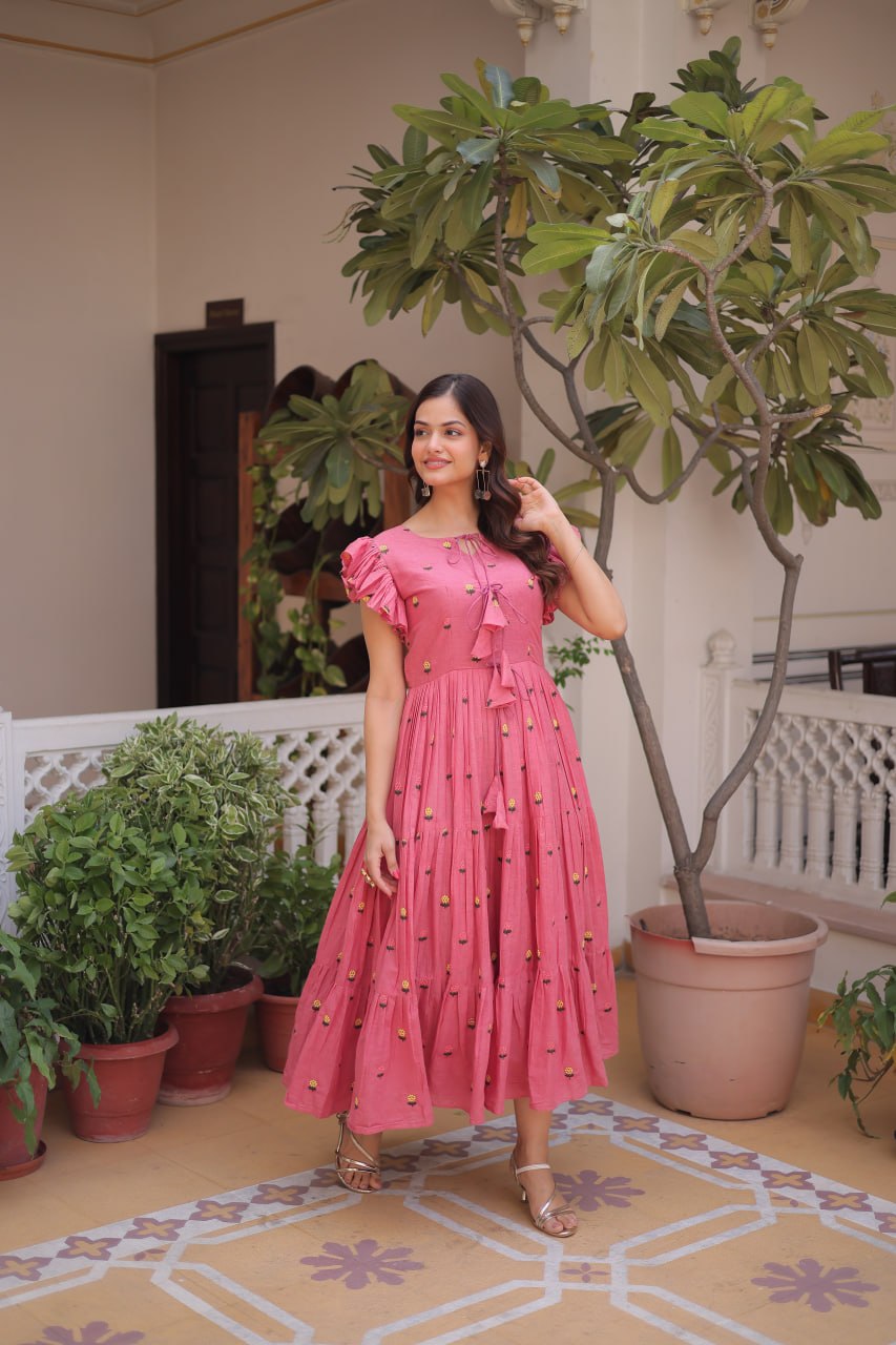 Pink Cotton Embroidered Anarkali Kurti ClothsVilla
