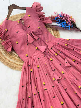 Pink Cotton Embroidered Anarkali Kurti ClothsVilla