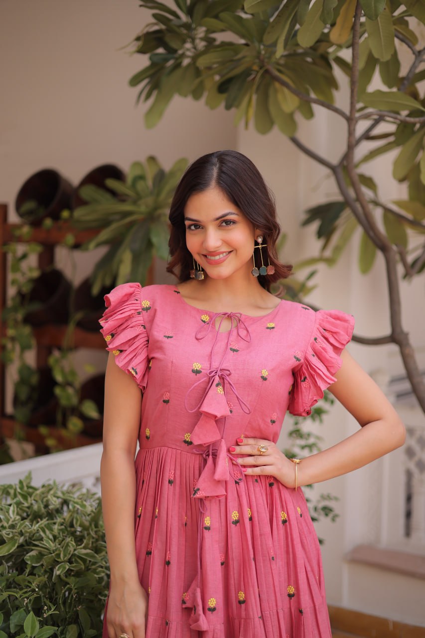 Pink Cotton Embroidered Anarkali Kurti ClothsVilla