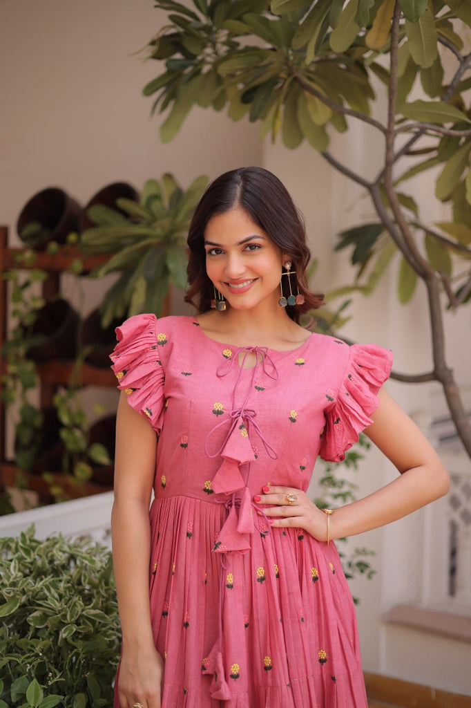 Pink Cotton Embroidered Anarkali Kurti ClothsVilla