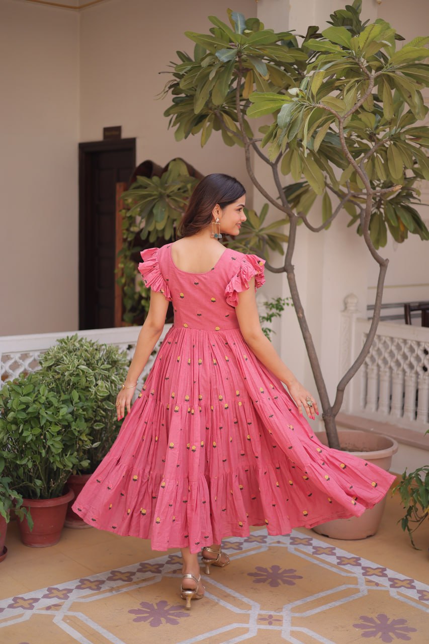 Pink Cotton Embroidered Anarkali Kurti ClothsVilla