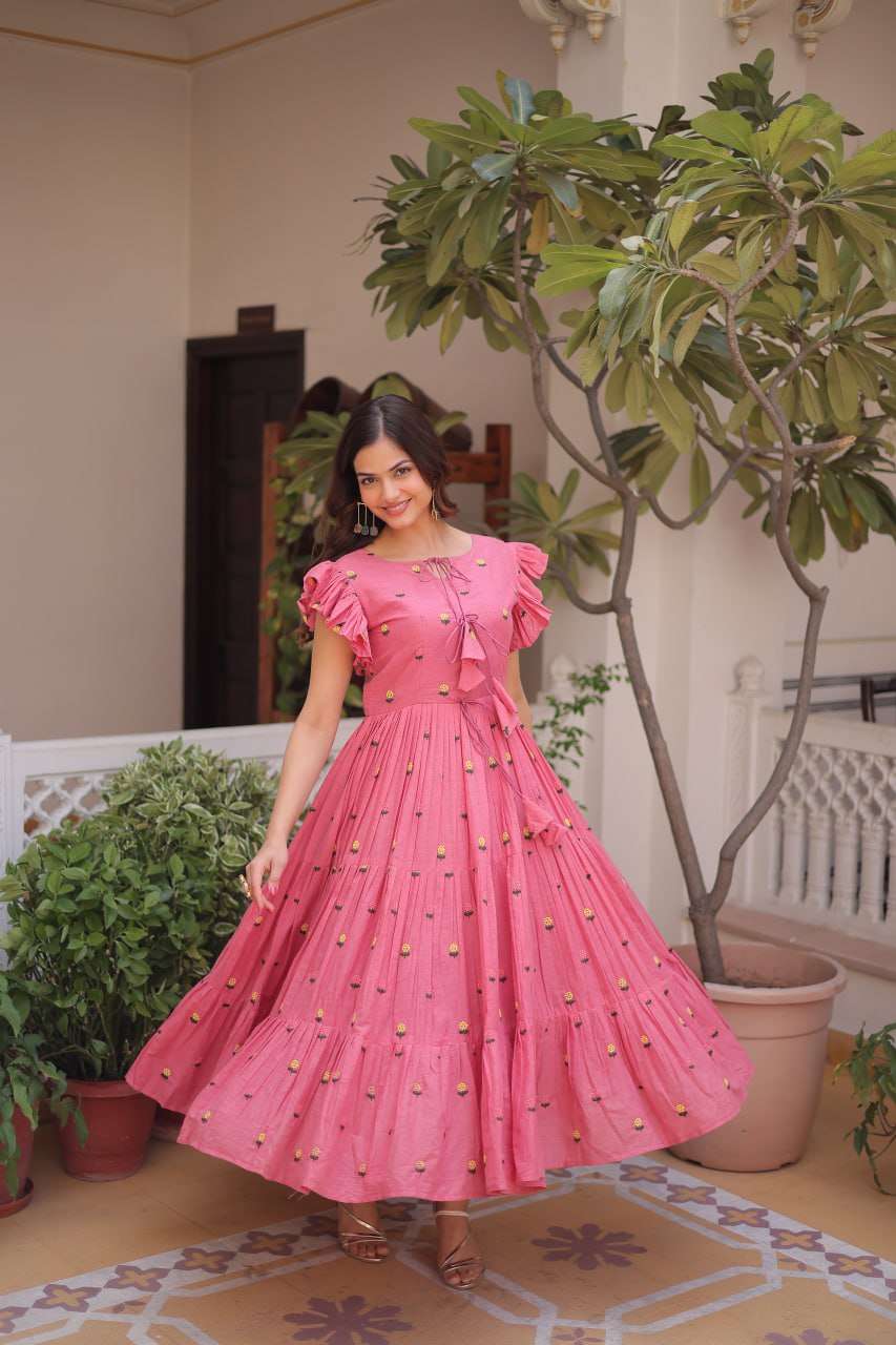 Pink Cotton Embroidered Anarkali Kurti ClothsVilla