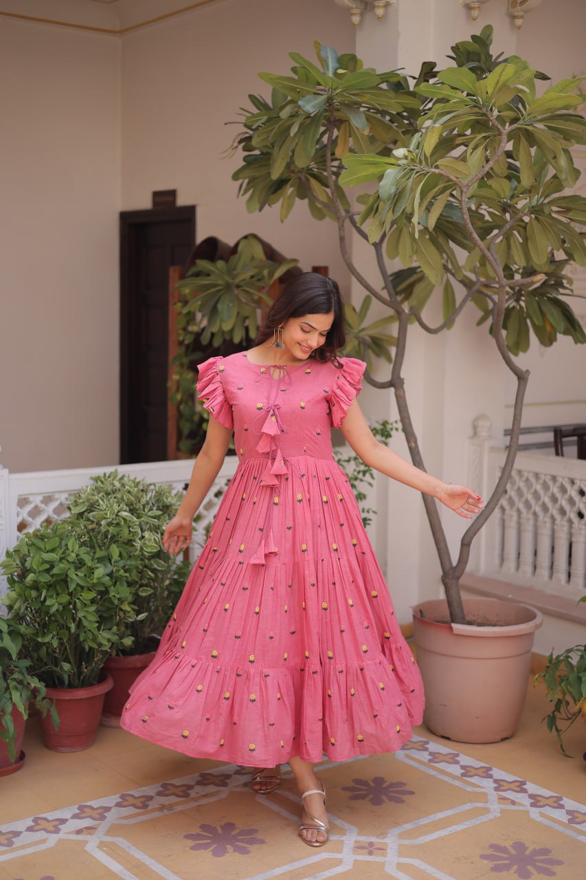 Pink Cotton Embroidered Anarkali Kurti ClothsVilla