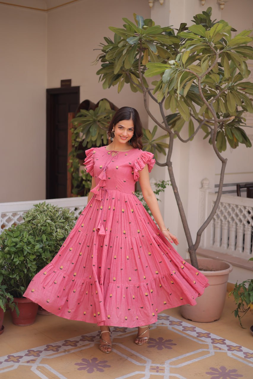 Pink Cotton Embroidered Anarkali Kurti ClothsVilla