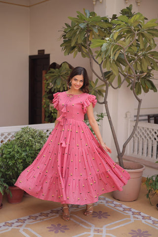 Pink Cotton Embroidered Anarkali Kurti ClothsVilla