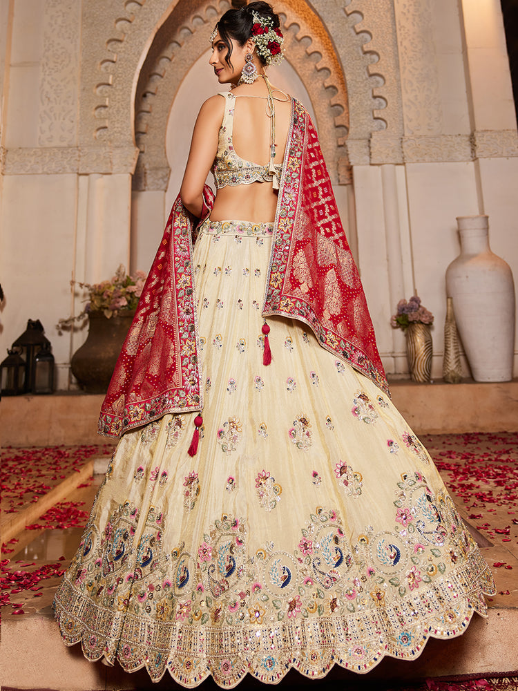 Pink Cream colour Tissue Sequinse embroidery Semi-Stitched Lehenga choli & Dupatta ClothsVilla