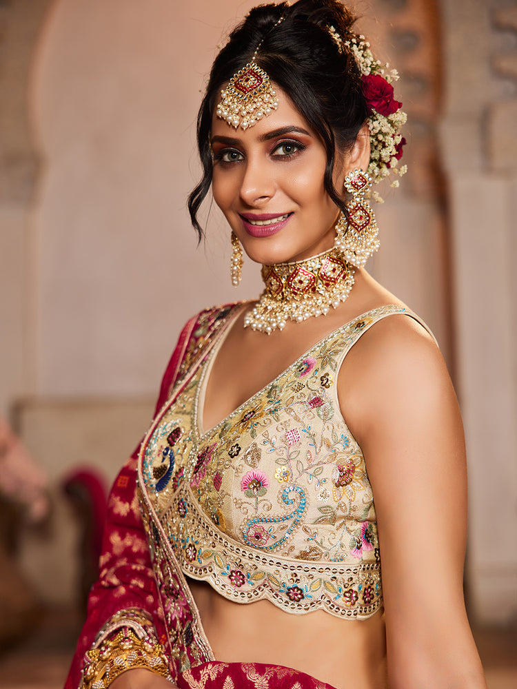 Pink Cream colour Tissue Sequinse embroidery Semi-Stitched Lehenga choli & Dupatta ClothsVilla