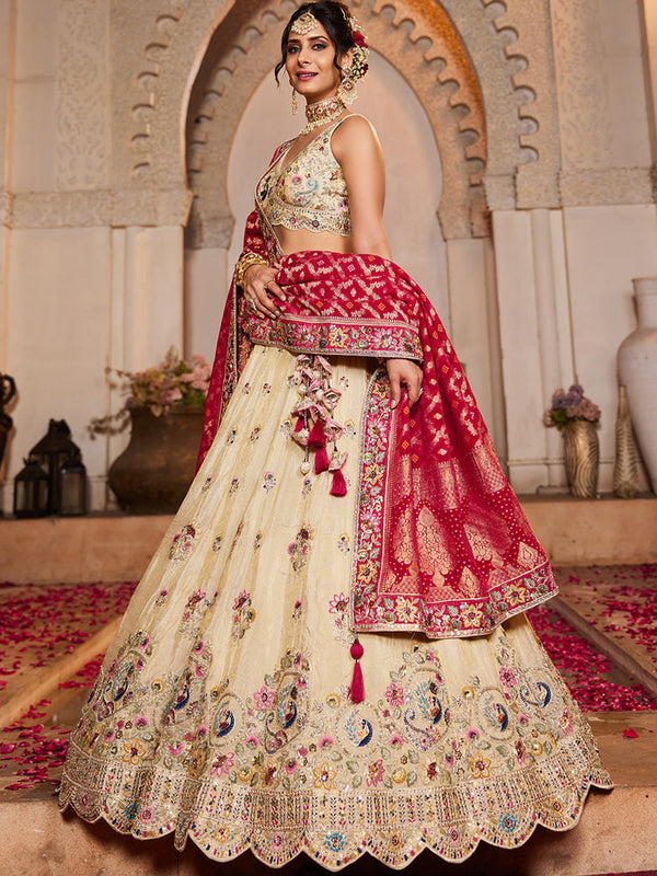 Pink Cream colour Tissue Sequinse embroidery Semi-Stitched Lehenga choli & Dupatta ClothsVilla