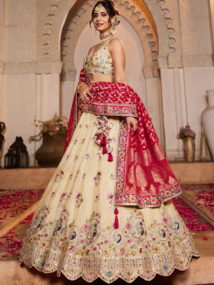 Pink Cream colour Tissue Sequinse embroidery Semi-Stitched Lehenga choli & Dupatta ClothsVilla