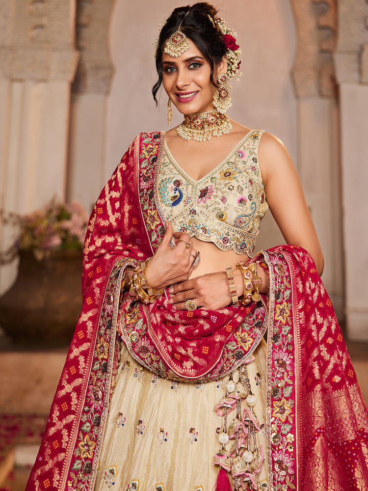 Pink Cream colour Tissue Sequinse embroidery Semi-Stitched Lehenga choli & Dupatta ClothsVilla