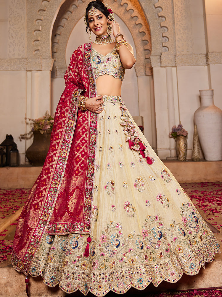 Pink Cream colour Tissue Sequinse embroidery Semi-Stitched Lehenga choli & Dupatta ClothsVilla