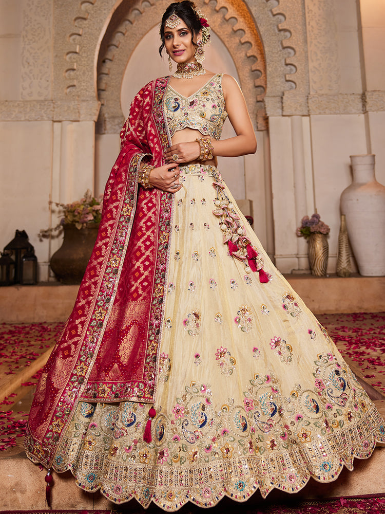 Pink Cream colour Tissue Sequinse embroidery Semi-Stitched Lehenga choli & Dupatta ClothsVilla