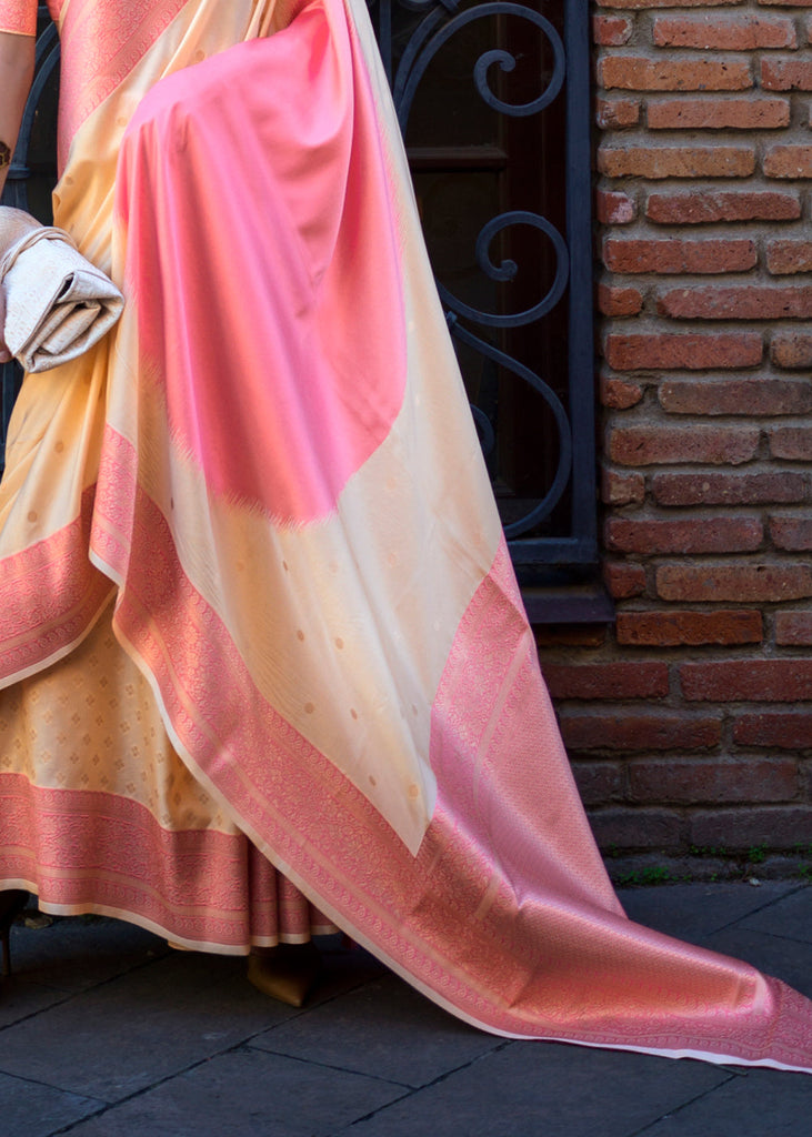 Pink & Cream Regal Banarasi Soft Silk Saree with Intricate Timeless Design & Blouse Piece ClothsVilla