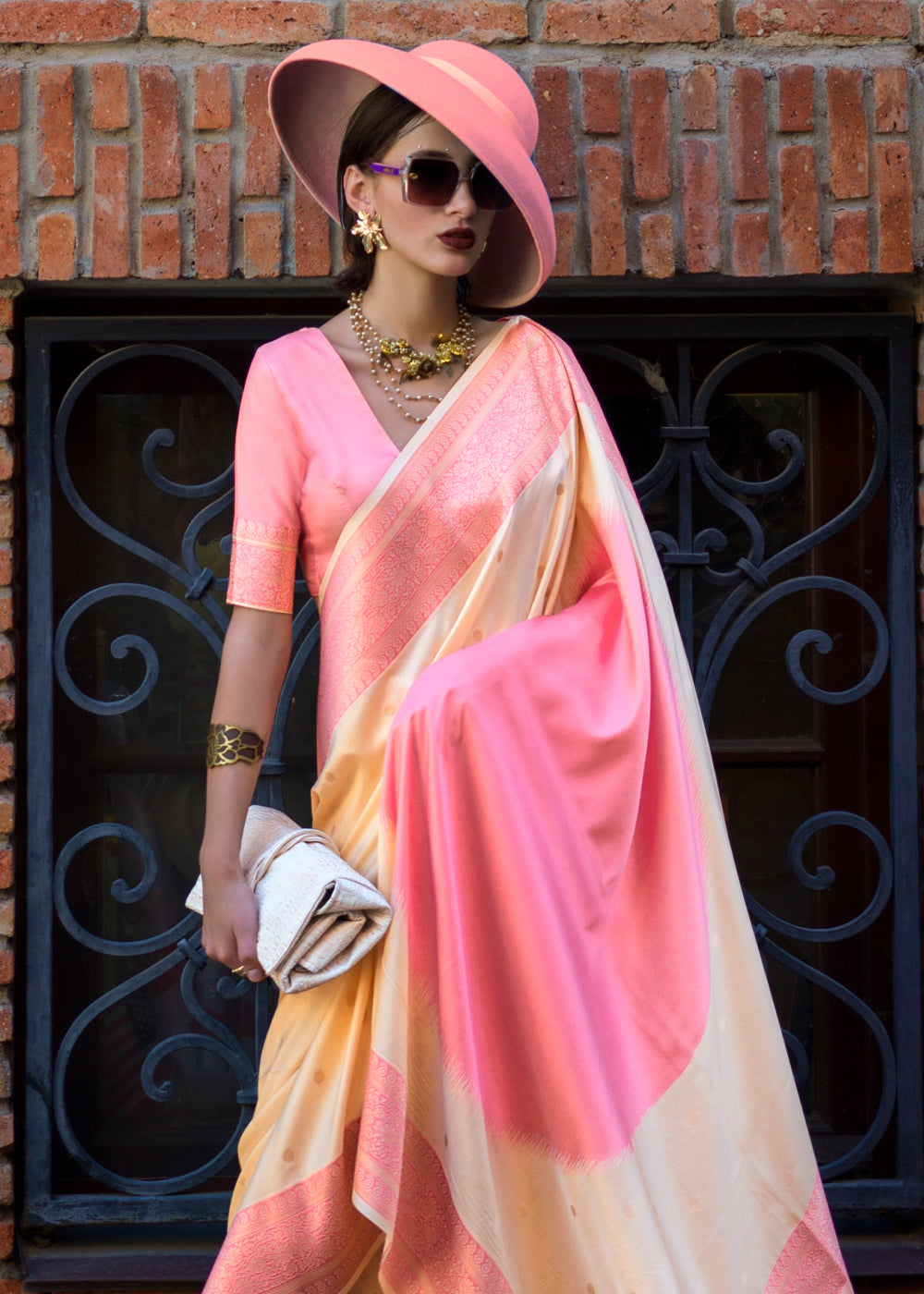 Pink & Cream Regal Banarasi Soft Silk Saree with Intricate Timeless Design & Blouse Piece Secondary image
