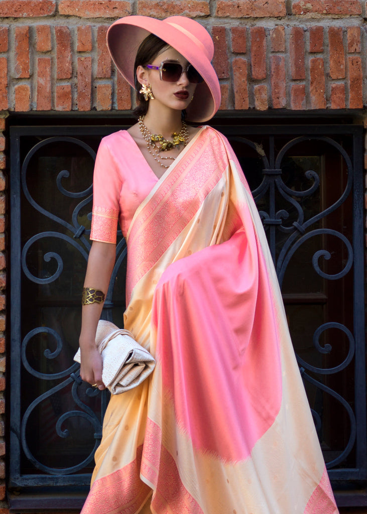 Pink & Cream Regal Banarasi Soft Silk Saree with Intricate Timeless Design & Blouse Piece ClothsVilla
