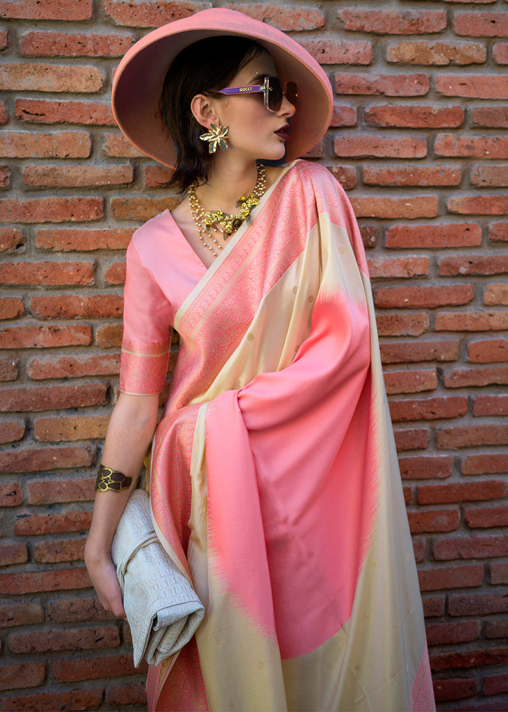 Pink & Cream Regal Banarasi Soft Silk Saree with Intricate Timeless Design & Blouse Piece ClothsVilla