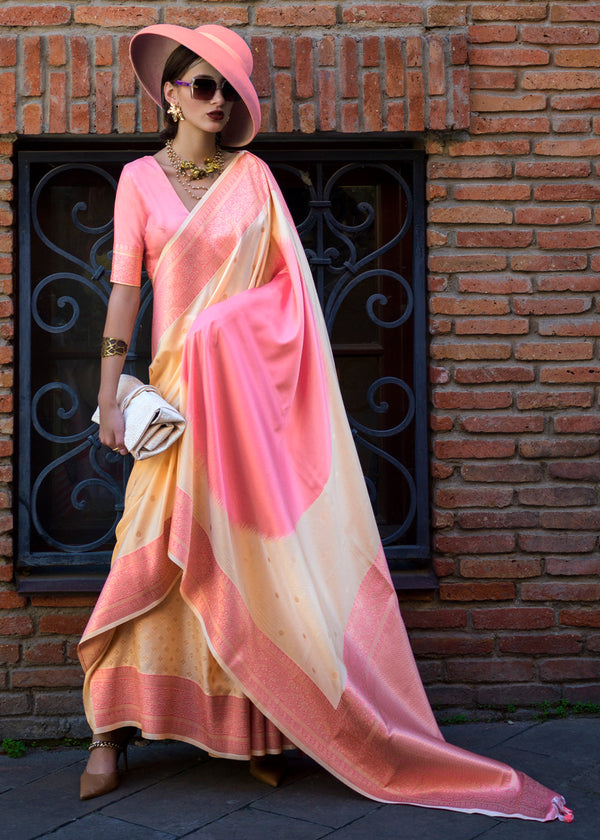 Pink & Cream Regal Banarasi Soft Silk Saree with Intricate Timeless Design & Blouse Piece ClothsVilla