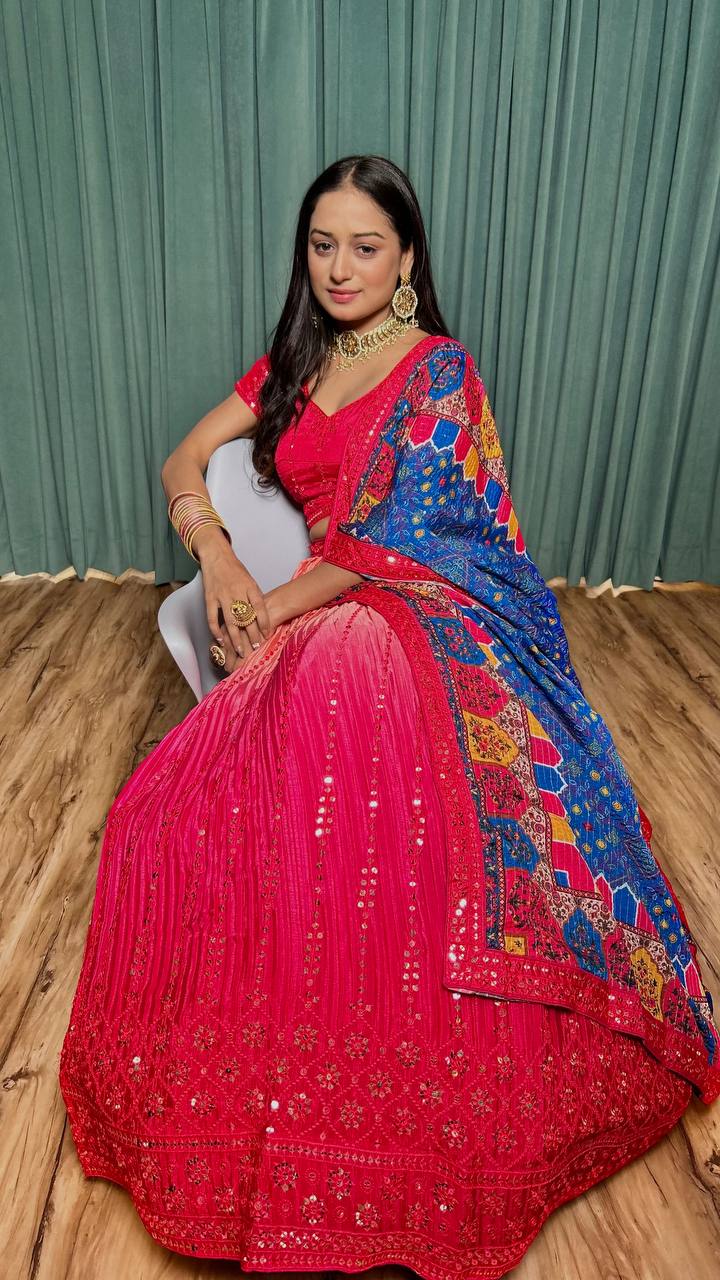 Pink Cultural Elegant Chinon Silk Lehenga Set Secondary image