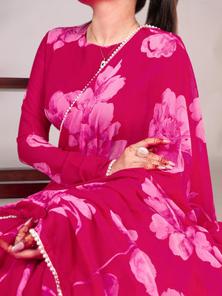 Pink Delicate Blooms Chiffon Saree with Floral Print and Pearl Lace Border