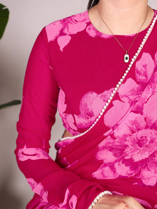 Pink Delicate Blooms Chiffon Saree with Floral Print and Pearl Lace Border