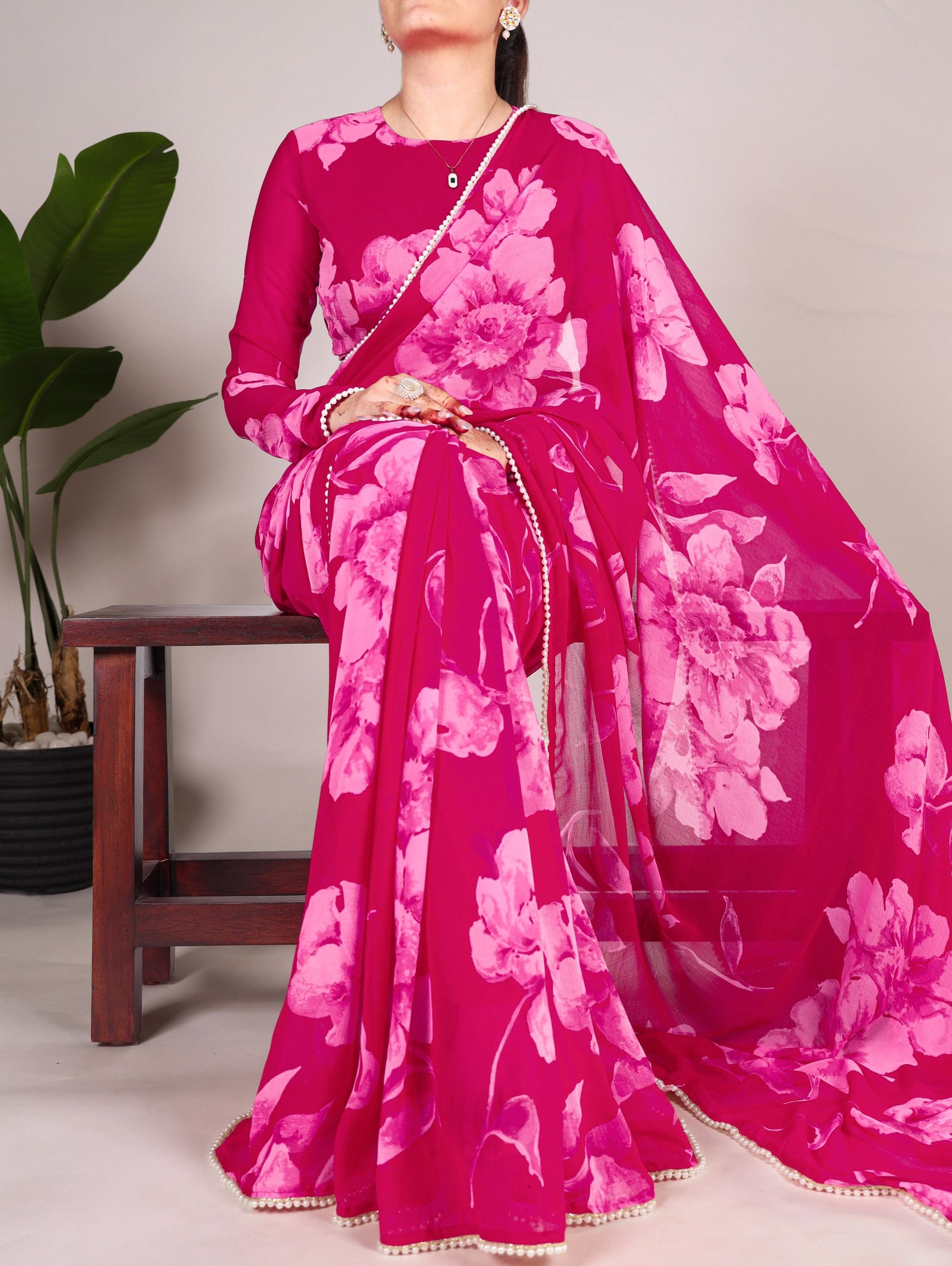 Pink Delicate Blooms Chiffon Saree with Floral Print and Pearl Lace Border