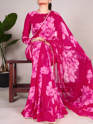 Pink Delicate Blooms Chiffon Saree with Floral Print and Pearl Lace Border