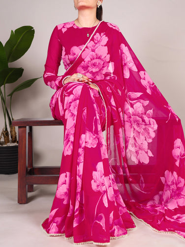 Pink Delicate Blooms Chiffon Saree with Floral Print and Pearl Lace Border