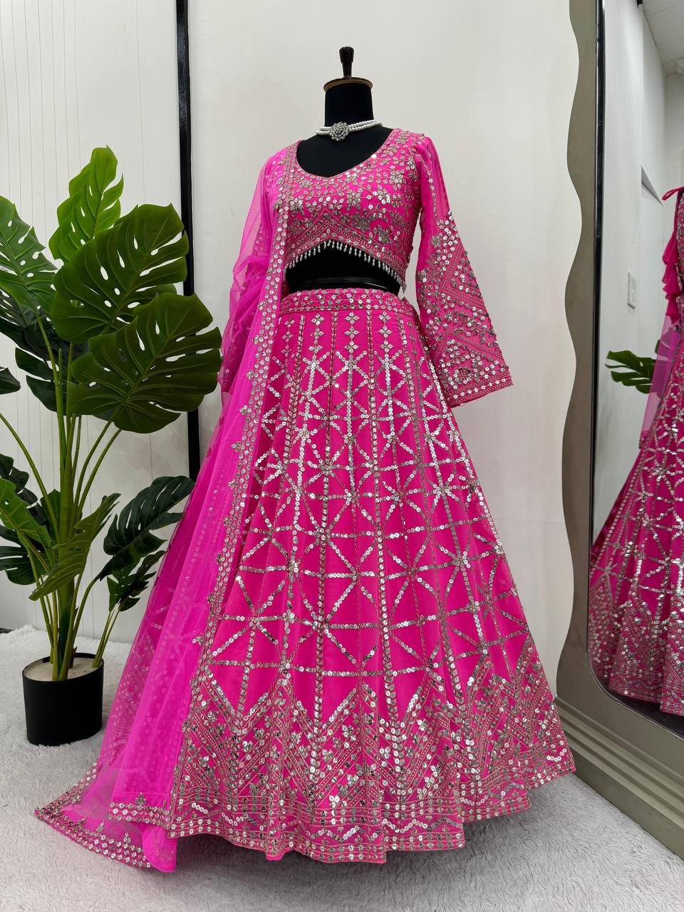 Pink Designer 9mm Sequin Faux Georgette Lehenga Choli Set with Butterfly Net Dupatta ClothsVilla