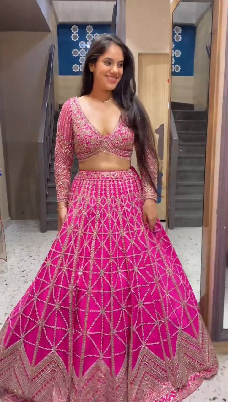 Pink Designer 9mm Sequin Faux Georgette Lehenga Choli Set with Butterfly Net Dupatta ClothsVilla Main image