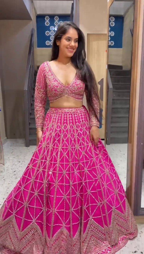Pink Designer 9mm Sequin Faux Georgette Lehenga Choli Set with Butterfly Net Dupatta ClothsVilla