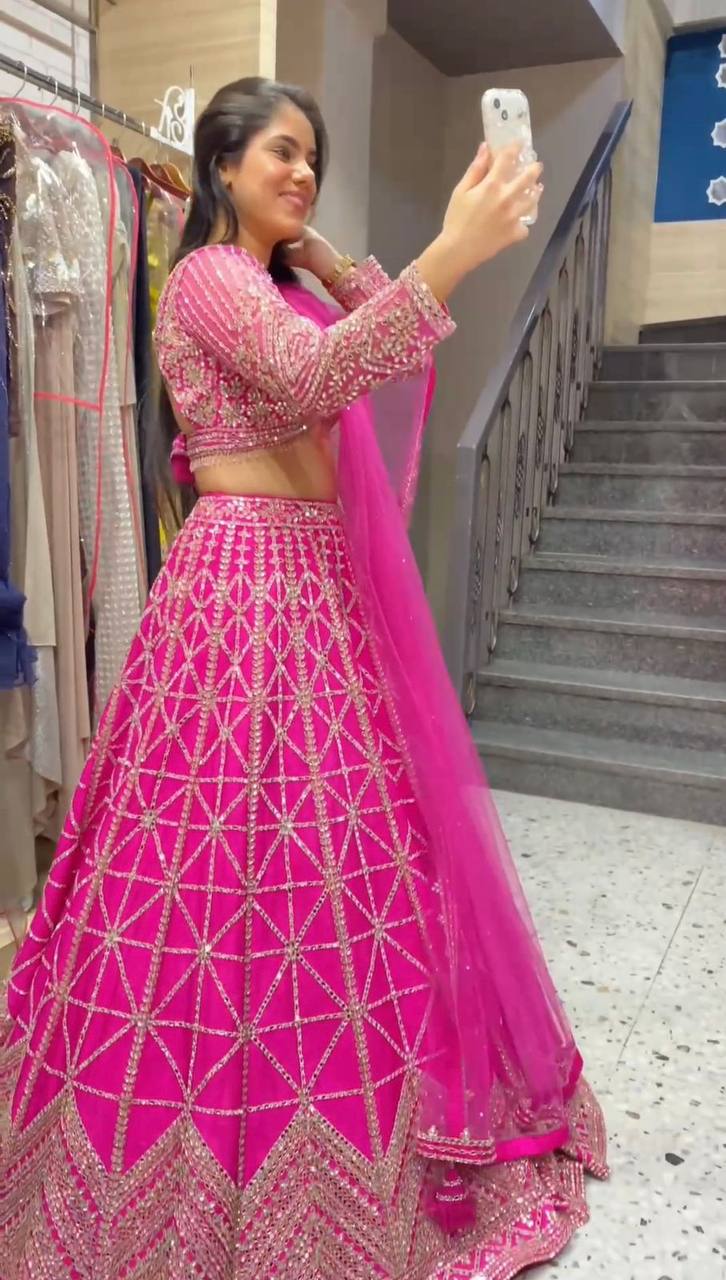 Pink Designer 9mm Sequin Faux Georgette Lehenga Choli Set with Butterfly Net Dupatta ClothsVilla