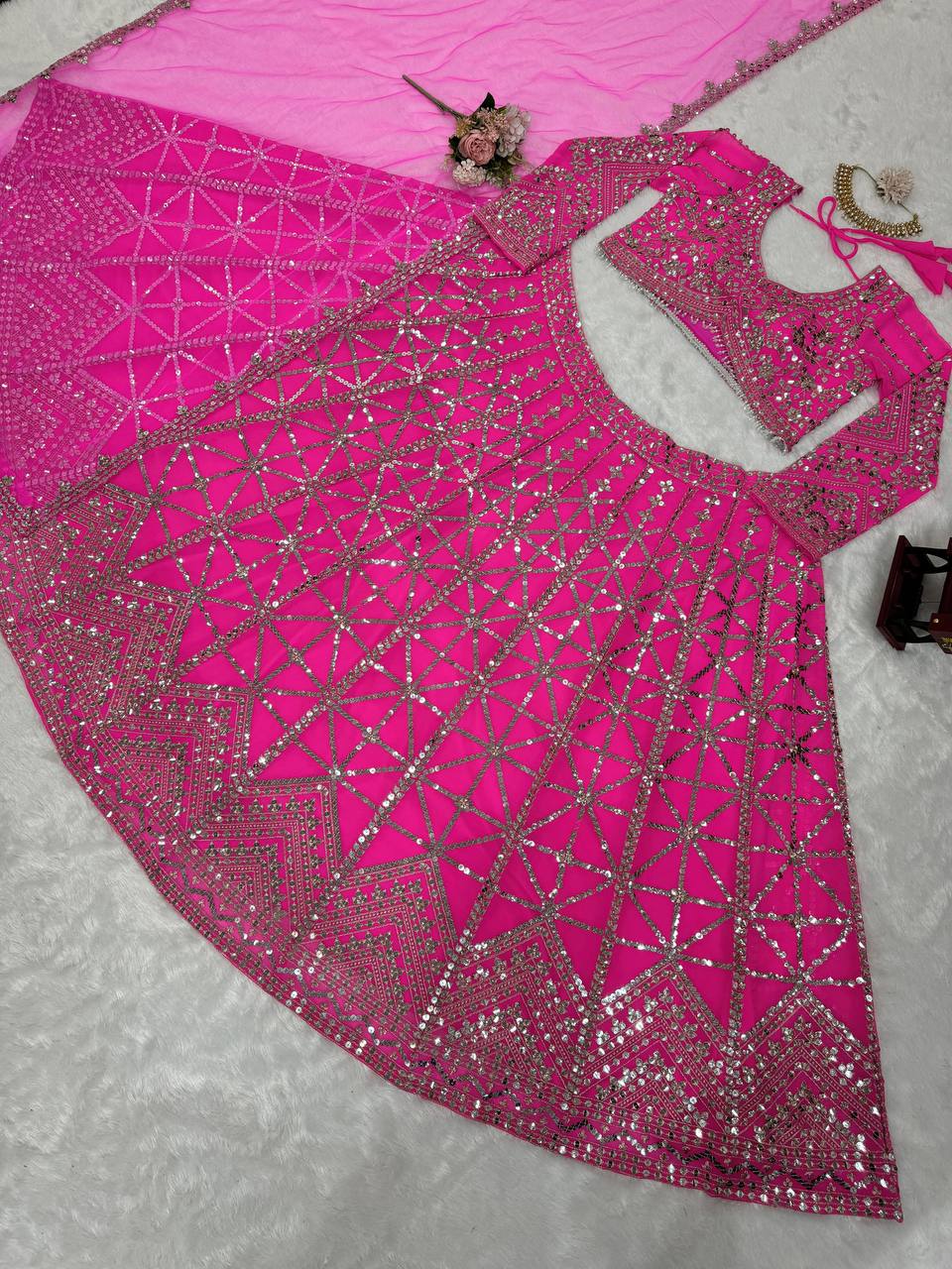 Pink Designer 9mm Sequin Faux Georgette Lehenga Choli Set with Butterfly Net Dupatta ClothsVilla
