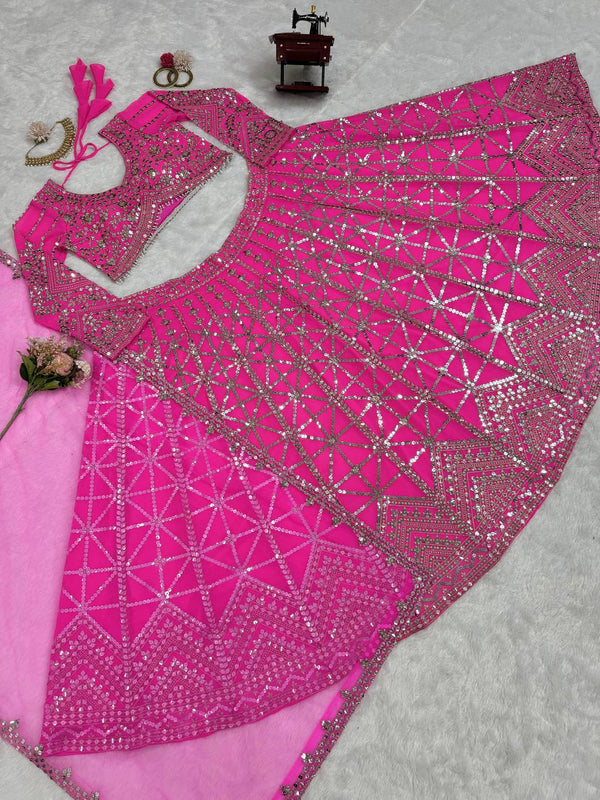 Pink Designer 9mm Sequin Faux Georgette Lehenga Choli Set with Butterfly Net Dupatta ClothsVilla