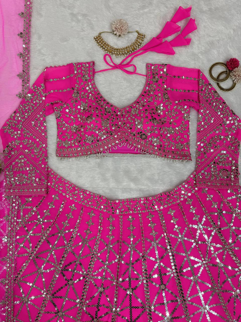 Pink Designer 9mm Sequin Faux Georgette Lehenga Choli Set with Butterfly Net Dupatta ClothsVilla
