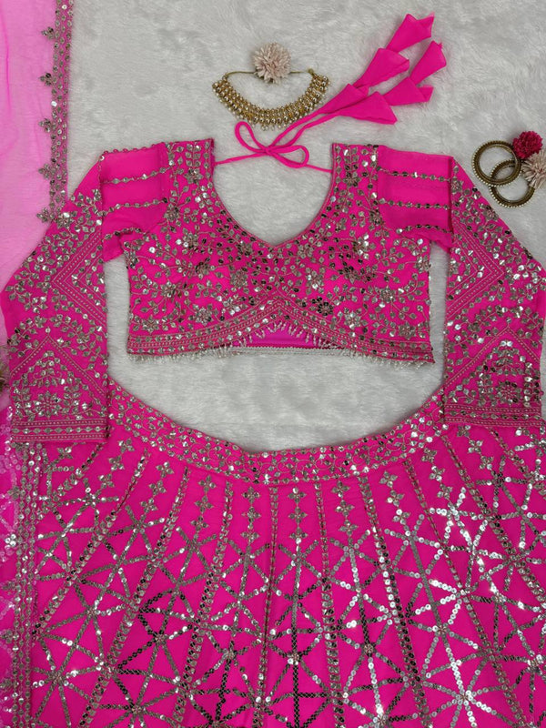 Pink Designer 9mm Sequin Faux Georgette Lehenga Choli Set with Butterfly Net Dupatta ClothsVilla