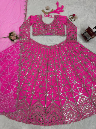 Pink Designer 9mm Sequin Faux Georgette Lehenga Choli Set with Butterfly Net Dupatta ClothsVilla