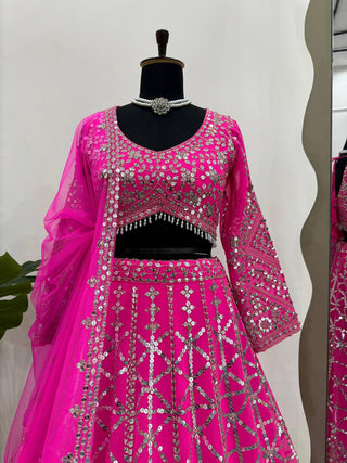 Pink Designer 9mm Sequin Faux Georgette Lehenga Choli Set with Butterfly Net Dupatta ClothsVilla