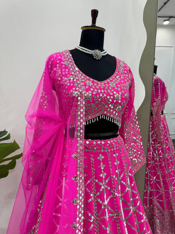 Pink Designer 9mm Sequin Faux Georgette Lehenga Choli Set with Butterfly Net Dupatta ClothsVilla