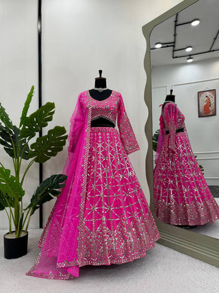 Pink Designer 9mm Sequin Faux Georgette Lehenga Choli Set with Butterfly Net Dupatta ClothsVilla