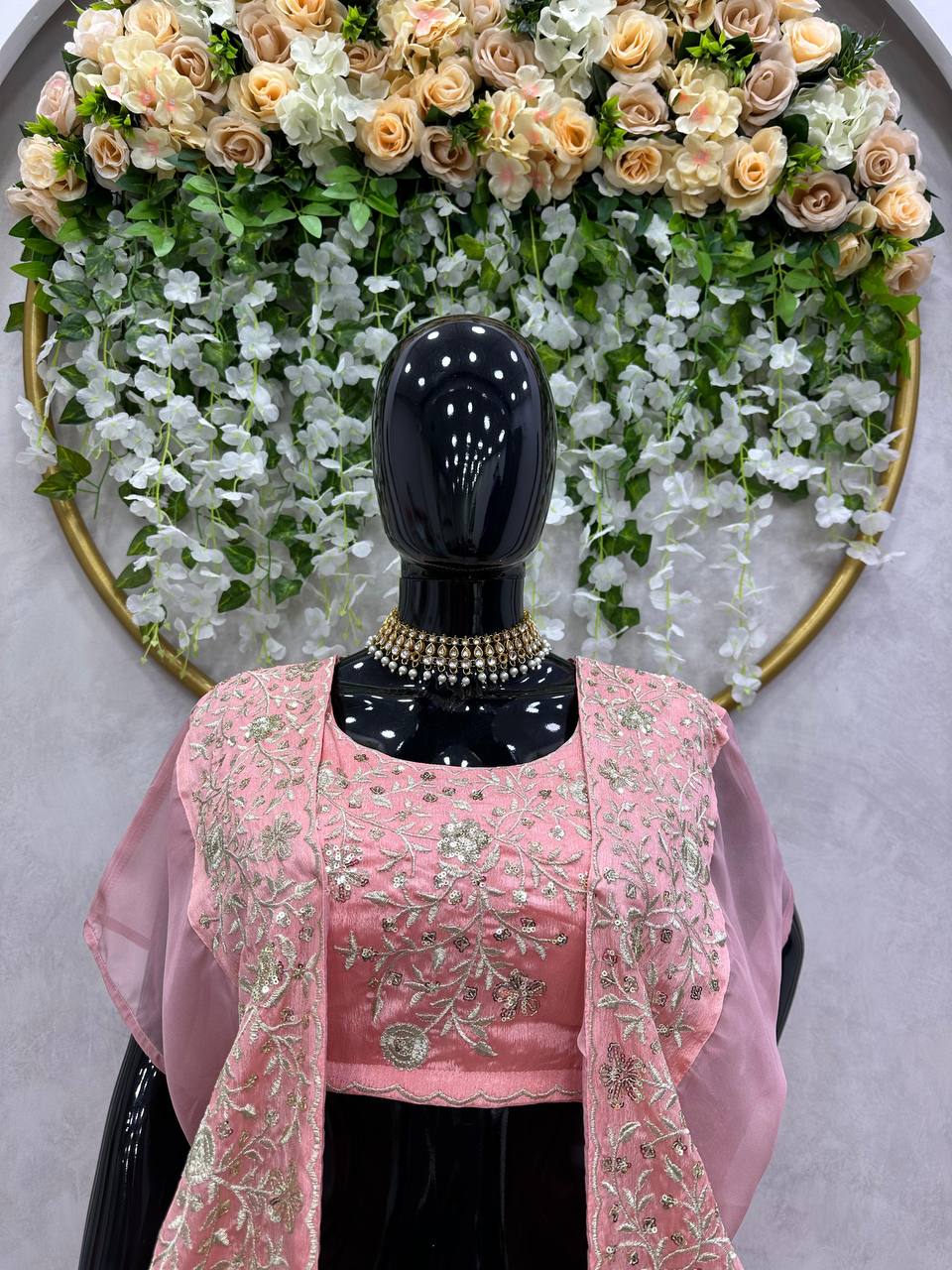 Pink Designer Chinon Semi-Stitched Lehenga Set with Elegant Tabby Organza Shrug ClothsVilla