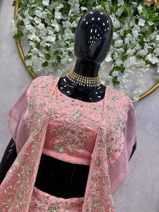 Pink Designer Chinon Semi-Stitched Lehenga Set with Elegant Tabby Organza Shrug ClothsVilla