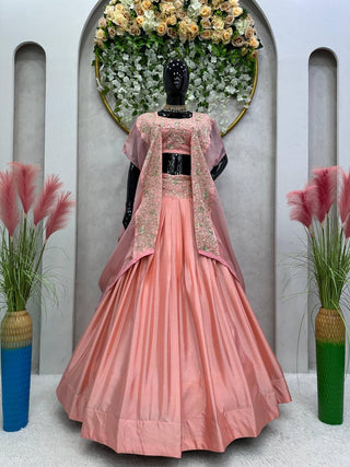 Pink Designer Chinon Semi-Stitched Lehenga Set with Elegant Tabby Organza Shrug ClothsVilla