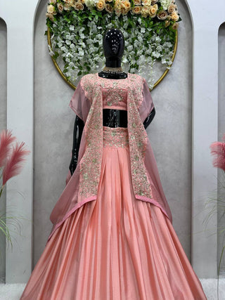 Pink Designer Chinon Semi-Stitched Lehenga Set with Elegant Tabby Organza Shrug ClothsVilla