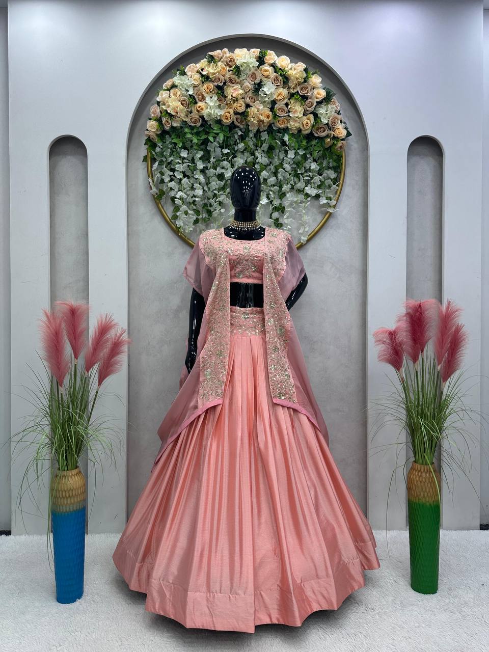 Pink Designer Chinon Semi-Stitched Lehenga Set with Elegant Tabby Organza Shrug ClothsVilla