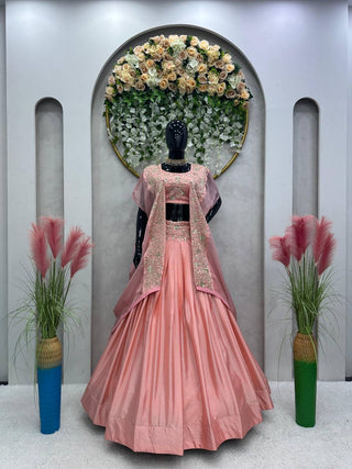 Pink Designer Chinon Semi-Stitched Lehenga Set with Elegant Tabby Organza Shrug ClothsVilla