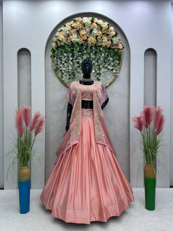 Pink Designer Chinon Semi-Stitched Lehenga Set with Elegant Tabby Organza Shrug ClothsVilla