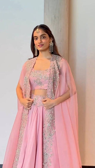 Pink Designer Chinon Semi-Stitched Lehenga Set with Elegant Tabby Organza Shrug ClothsVilla