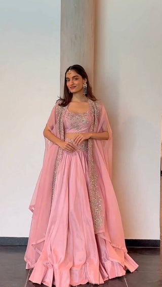 Pink Designer Chinon Semi-Stitched Lehenga Set with Elegant Tabby Organza Shrug ClothsVilla