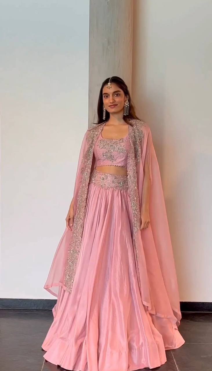 Pink Designer Chinon Semi-Stitched Lehenga Set with Elegant Tabby Organza Shrug ClothsVilla Main image